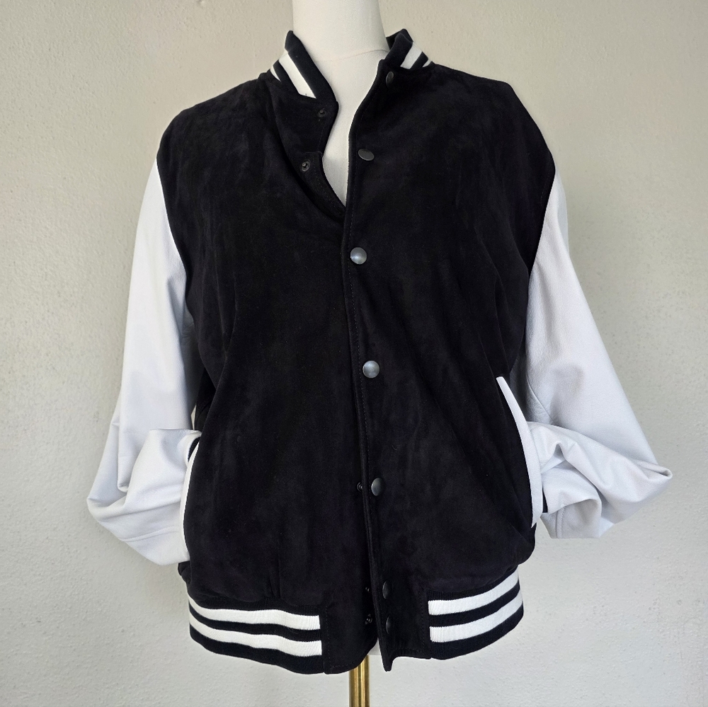 Vintage Italian Vera Pelle Leather Suede Varsity Bomber Jacket Navy Unisex M